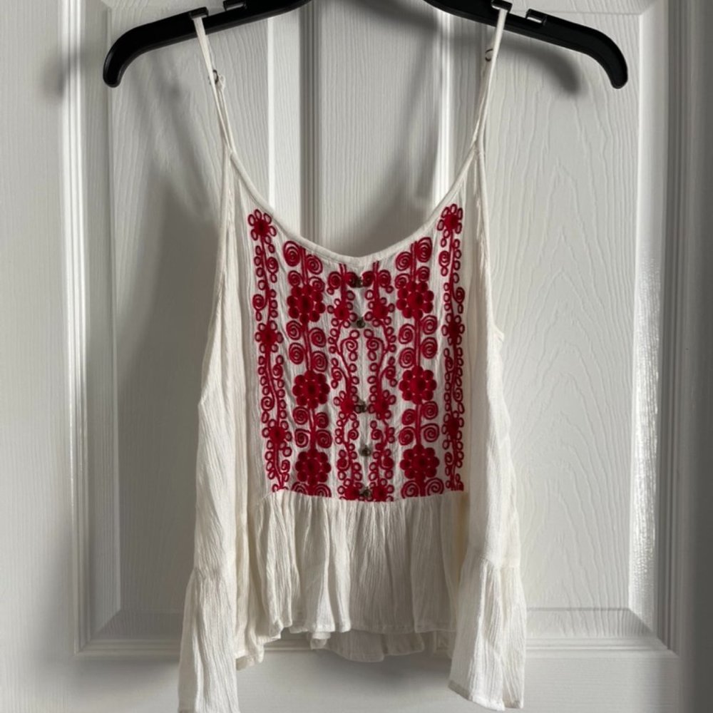 Forever 21 White Floral Embroidered Spaghetti Strap Tank Top with flounce